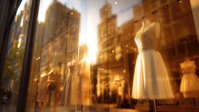 Store window display of elegant dresses bathed in golden sunlight