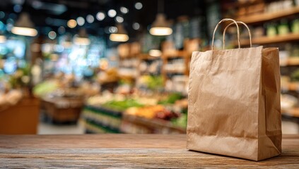 Brown paper bag sits on a wooden surface in a blurred grocery store