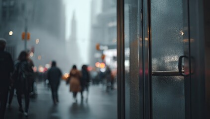 Gloomy, blurred city street with people walking in rain