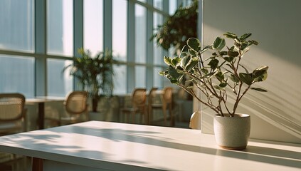 Bright sunlight streams into cafe, illuminating table and potted plant