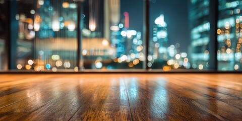 Polished wood floor reflects blurred city lights at night