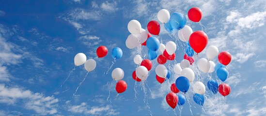 Red, white, and blue balloons ascend into a cloudy blue sky