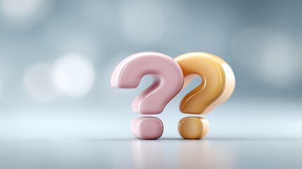 Colorful question marks in pink and yellow on a soft blurred background, symbolizing curiosity and inquiry in a modern design context