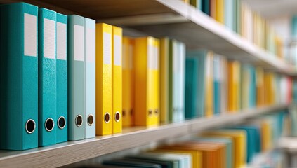Rows of colorful binders lined up neatly on a wooden shelf