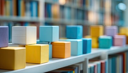 Colorful blocks arranged on a library shelf, rows of books blurred in background