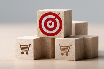 Wooden blocks with target and shopping cart symbols