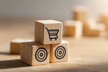 Wooden blocks with shopping cart and target icons