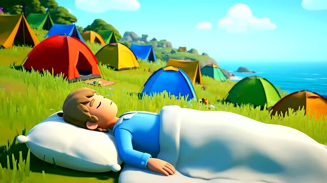 Celebrating World Sleep Day: A peaceful cartoon character enjoys a deep sleep outdoors at a vibrant, scenic beachside campsite with colorful tents and ocean views.