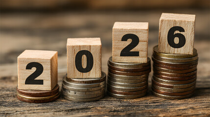 Wooden blocks with numbers 2026 stacked on coins representing financial growth and success in the new year