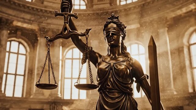 Dramatic bronze statue of Lady Justice holding scales and sword inside an ancient courthouse rotunda bathed in warm light