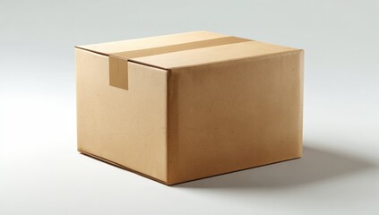 A beige cardboard box sits on a plain white surface