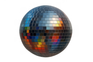 Disco ball reflecting colorful party lights, sparking fun and celebration for retro nightlife events on transparent background