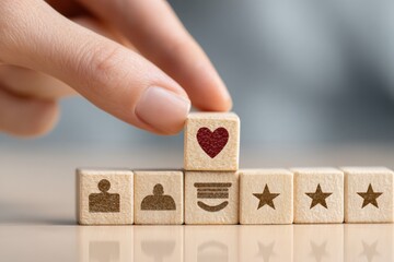 Hand placing a wooden block with a heart symbol on top of a row of blocks