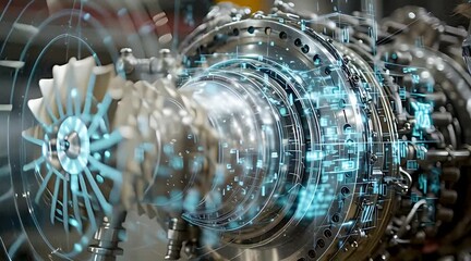 A young engineer uses augmented reality glasses to analyze a complex jet engine, viewing a futuristic holographic data overlay - Powered by Adobe