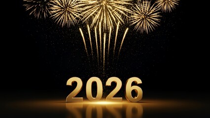黒背景に打ち上がる金色の花火と輝く2026年の立体文字素材