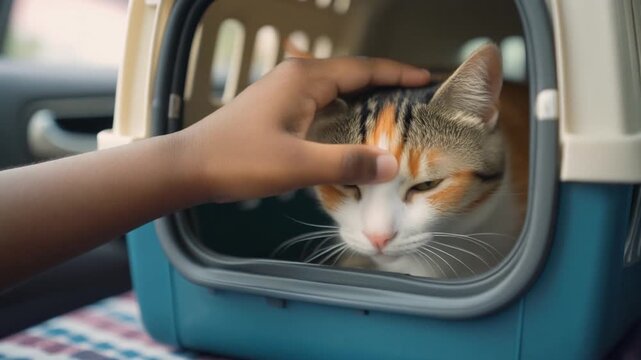 Child Gently Petting Cat Through Carrier Mesh. Pet Adoption Day Stories. A child's hand gently stroking the top of a cat's head through the open mesh of a carrier door offering comfort.

