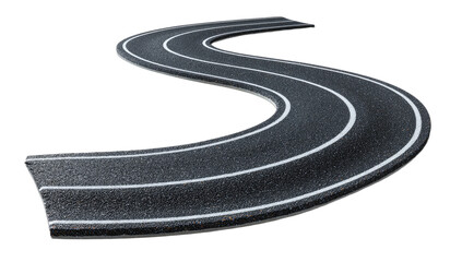 A black asphalt road with white lines curves in an S-shape on a transparent background