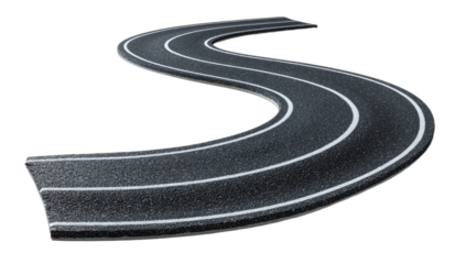 A black asphalt road with white lines curves in an S-shape on a transparent background