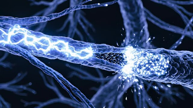 Close up Visualization of a Neural Signal Transmitting Along a Neuron with Electrical Pulses