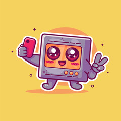 smiling microwave character mascot taking a selfie with a smartphone isolated cartoon 