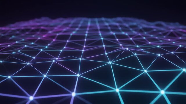 Neon polygon grid with pulsing nodes and slow cinematic camera push