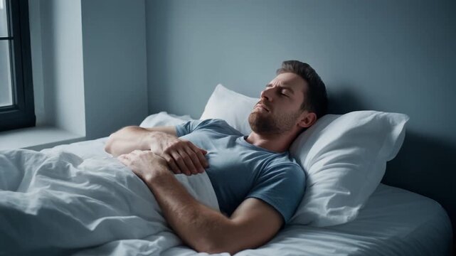 Sick, unwell, bedridden Young Man Sound Asleep in a Serene Bedroom Setting at Night, Emphasizing Rest and Comfort with copy space