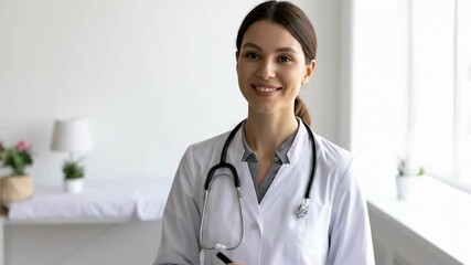 Young female doctor in white coat with stethoscope writing on clipboard in clinic. - Powered by Adobe