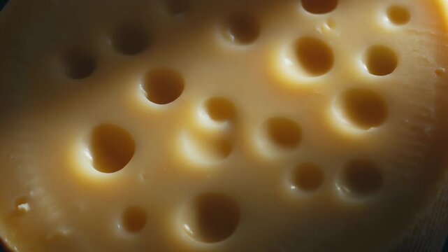 Close-up Detail of Textured Cheese with Distinctive Holes and Warm Lighting, Highlighting Culinary Ingredient