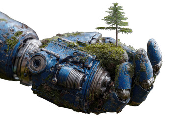A weathered robotic hand cradles a small sapling and moss