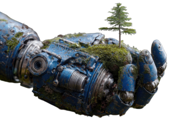 A weathered robotic hand cradles a small sapling and moss
