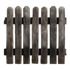 Rustic wooden fence, weathered planks and metal supports, on black