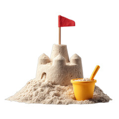 Intricate sandcastle with red flag, yellow bucket and shovel on dark background