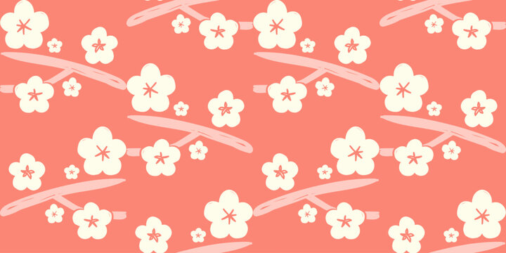 Festive seamless pattern with white plum blossoms on red background for Lunar New Year
