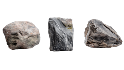Three distinct, rough textured stones of varying colors, shapes, and geological formations