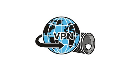 A blue globe with "VPN" text, an arrow, and a secure tunnel with a shield icon, symbolizing a Virtual Private Network.