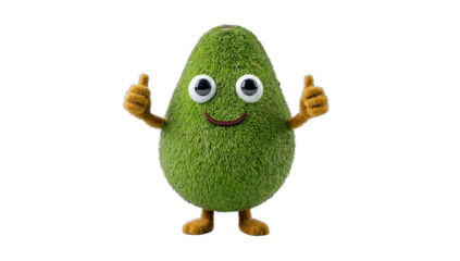 A cute cartoon avocado character with a textured green peel gives a double thumbs up