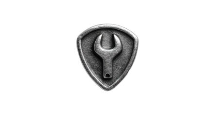 Detailed metallic emblem of a wrench within a shield on a black background