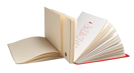 Opened book with red cover and pages fanned out showing red text