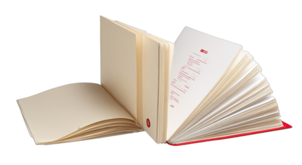 Opened book with red cover and pages fanned out showing red text