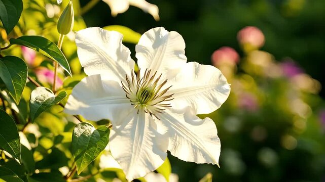 Closeup of a beautiful white clematis flower blooming in a vibrant garden on a sunny day.