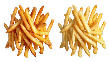 Two piles of golden brown and lighter fried potato sticks