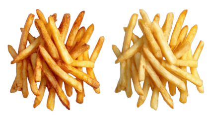 Two piles of golden brown and lighter fried potato sticks
