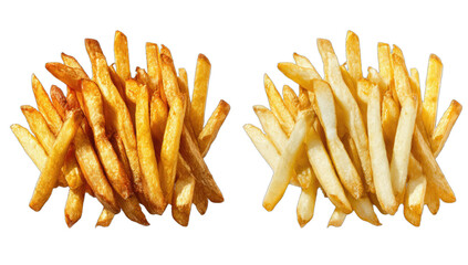 Two piles of golden-brown fried potato sticks against a black background