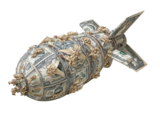 A sculpted bomb decorated with dollar bills and folded paper ornaments