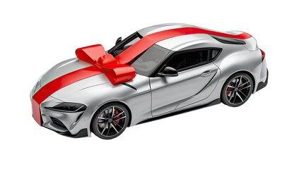 Silver sports car with large red bow on hood, presented as a gift