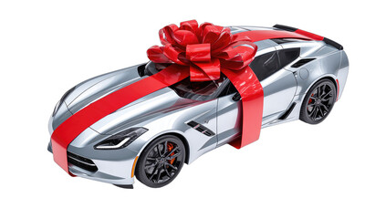 Sleek silver sportscar with a large red bow and ribbon, presented as a gift