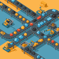 Isometric view of a complex industrial mining operation with conveyor belts, robotic arms, and various minerals being processed and transported.