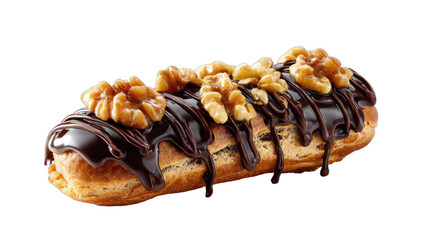 Chocolate-glazed pastry topped with creamy filling and walnuts