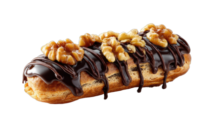 Chocolate-glazed pastry topped with creamy filling and walnuts