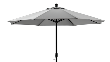A large, light gray patio umbrella with a black metal pole and spokes